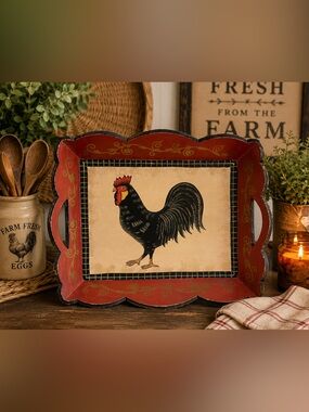 Rustic Rooster Wooden Serving Tray Farmhouse Country Kitchen Decor Red Black